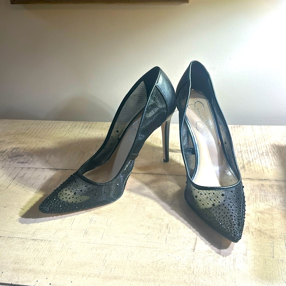 Jessica Simpson black pumps size 10 with crystals on toes and leather like heel